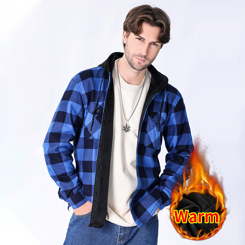 Casual Fleece-lined Hooded Plaid Shirt For Men