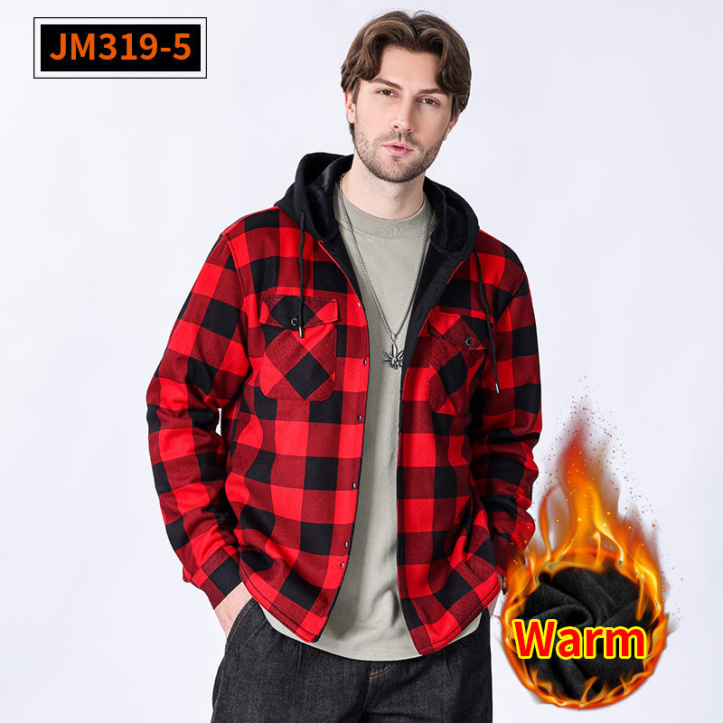 Casual Fleece-lined Hooded Plaid Shirt For Men