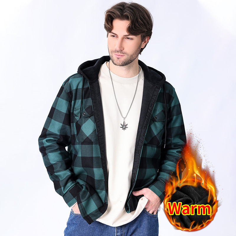 Casual Fleece-lined Hooded Plaid Shirt For Men