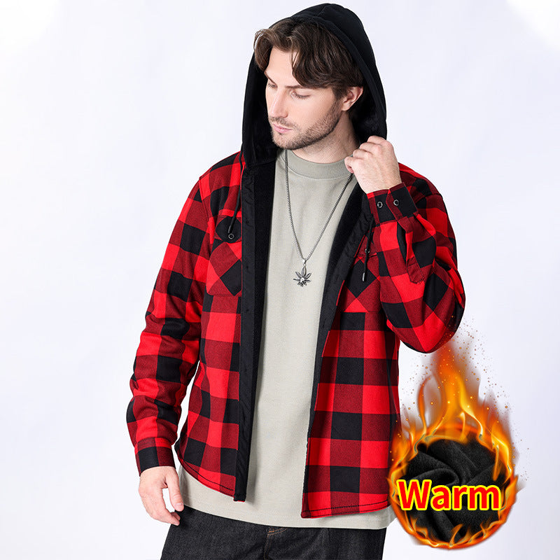 Casual Fleece-lined Hooded Plaid Shirt For Men