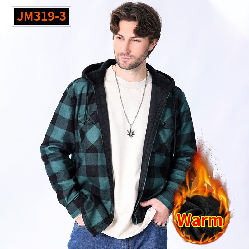 Casual Fleece-lined Hooded Plaid Shirt For Men