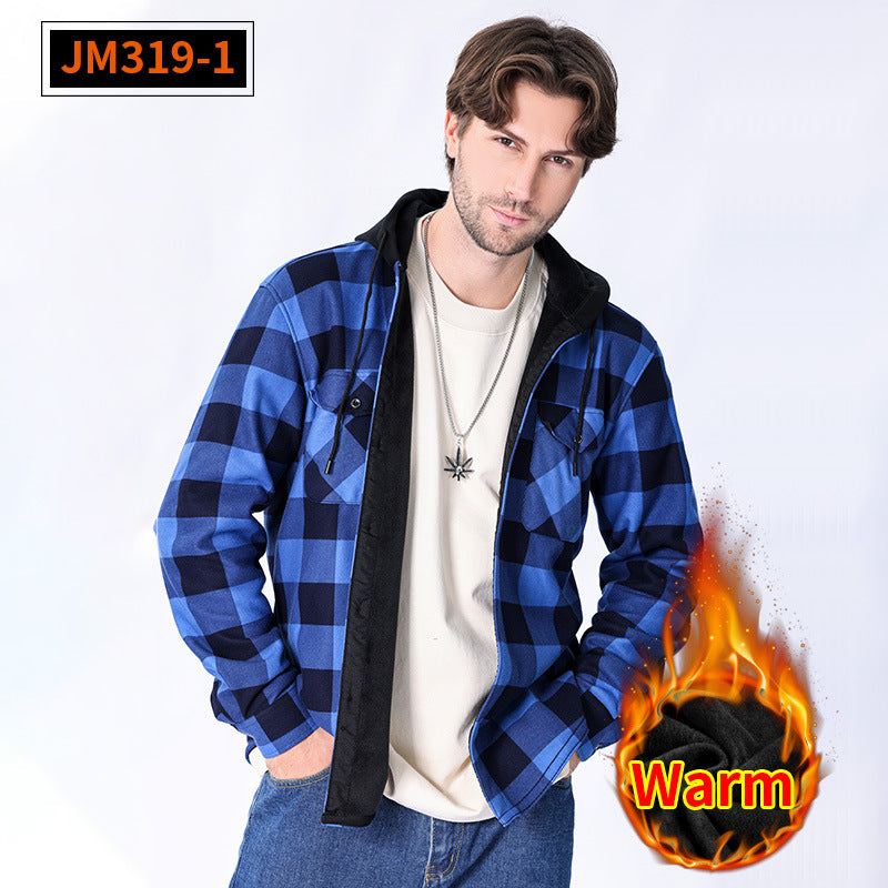 Casual Fleece-lined Hooded Plaid Shirt For Men