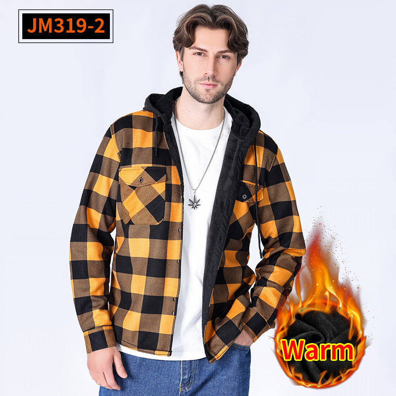 Casual Fleece-lined Hooded Plaid Shirt For Men