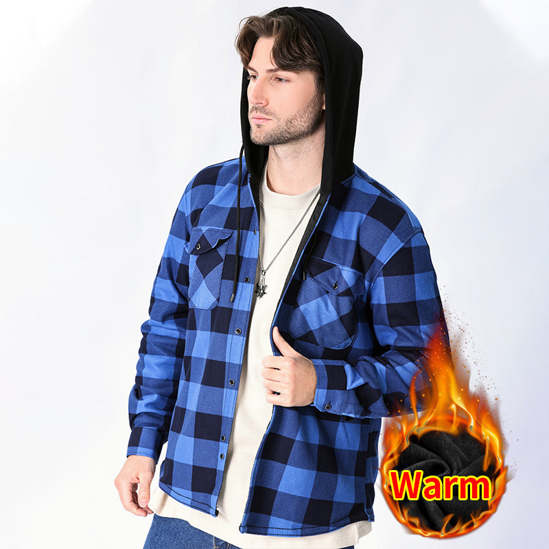 Casual Fleece-lined Hooded Plaid Shirt For Men